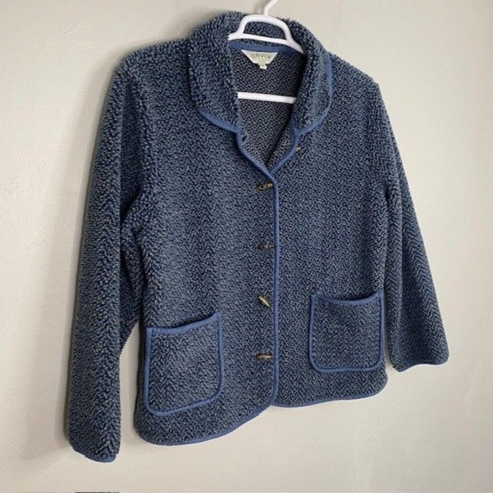 Orvis Sherpa Nubby Knit Jacket Women's size XL blue Gray Chore Coat Pockets